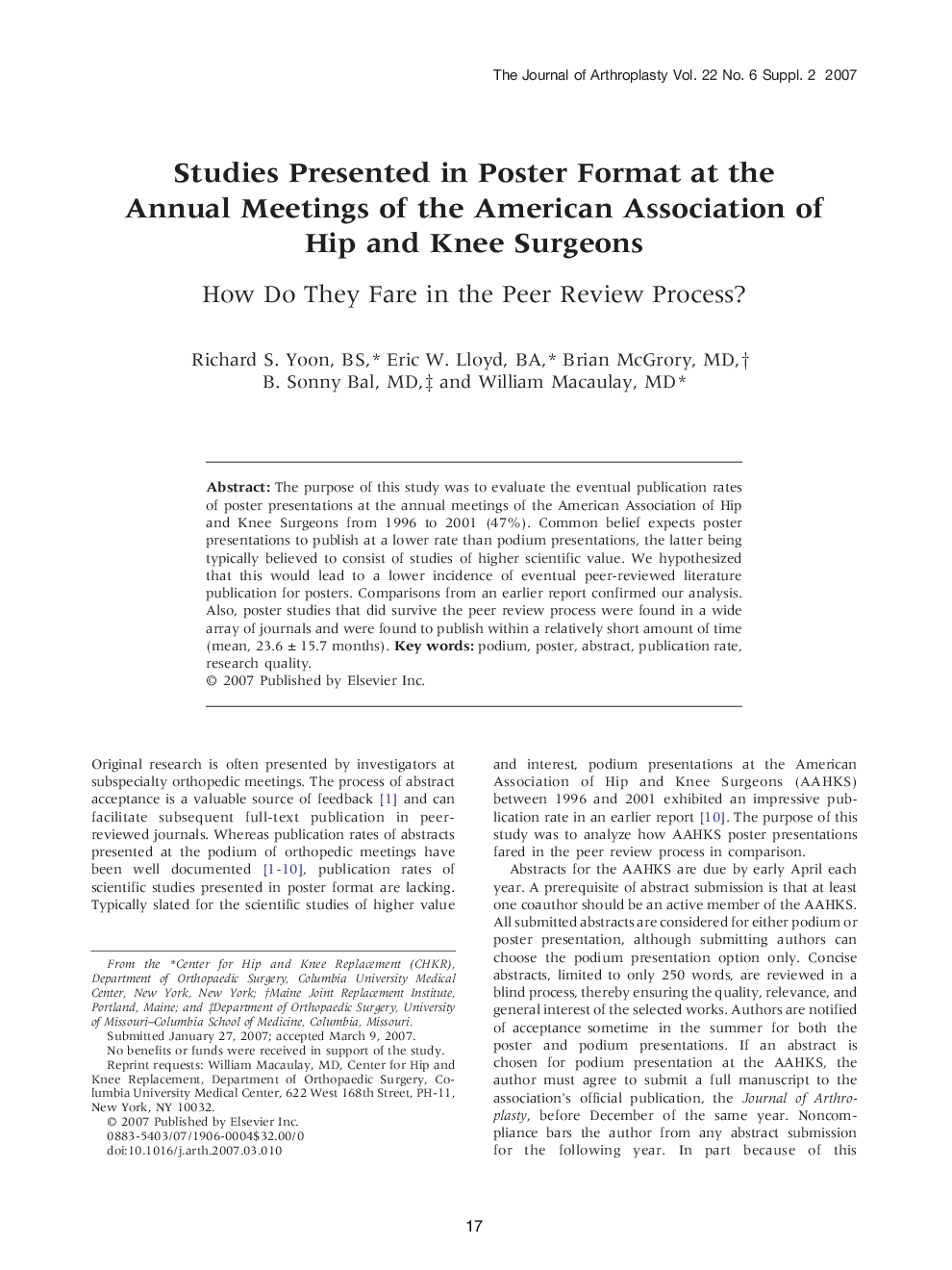 Studies Presented in Poster Format at the Annual Meetings of the American Association of Hip and Knee Surgeons : How Do They Fare in the Peer Review Process?