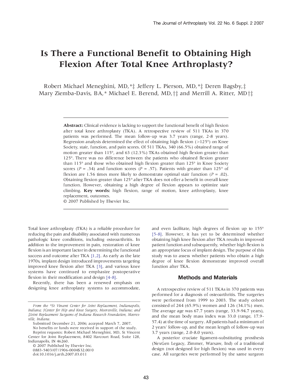 Is There a Functional Benefit to Obtaining High Flexion After Total Knee Arthroplasty? 