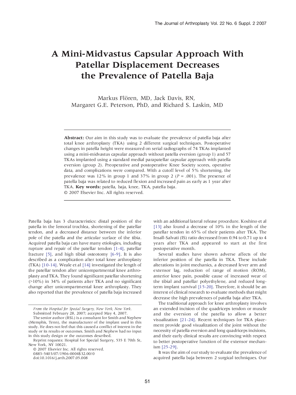 A Mini-Midvastus Capsular Approach With Patellar Displacement Decreases the Prevalence of Patella Baja 