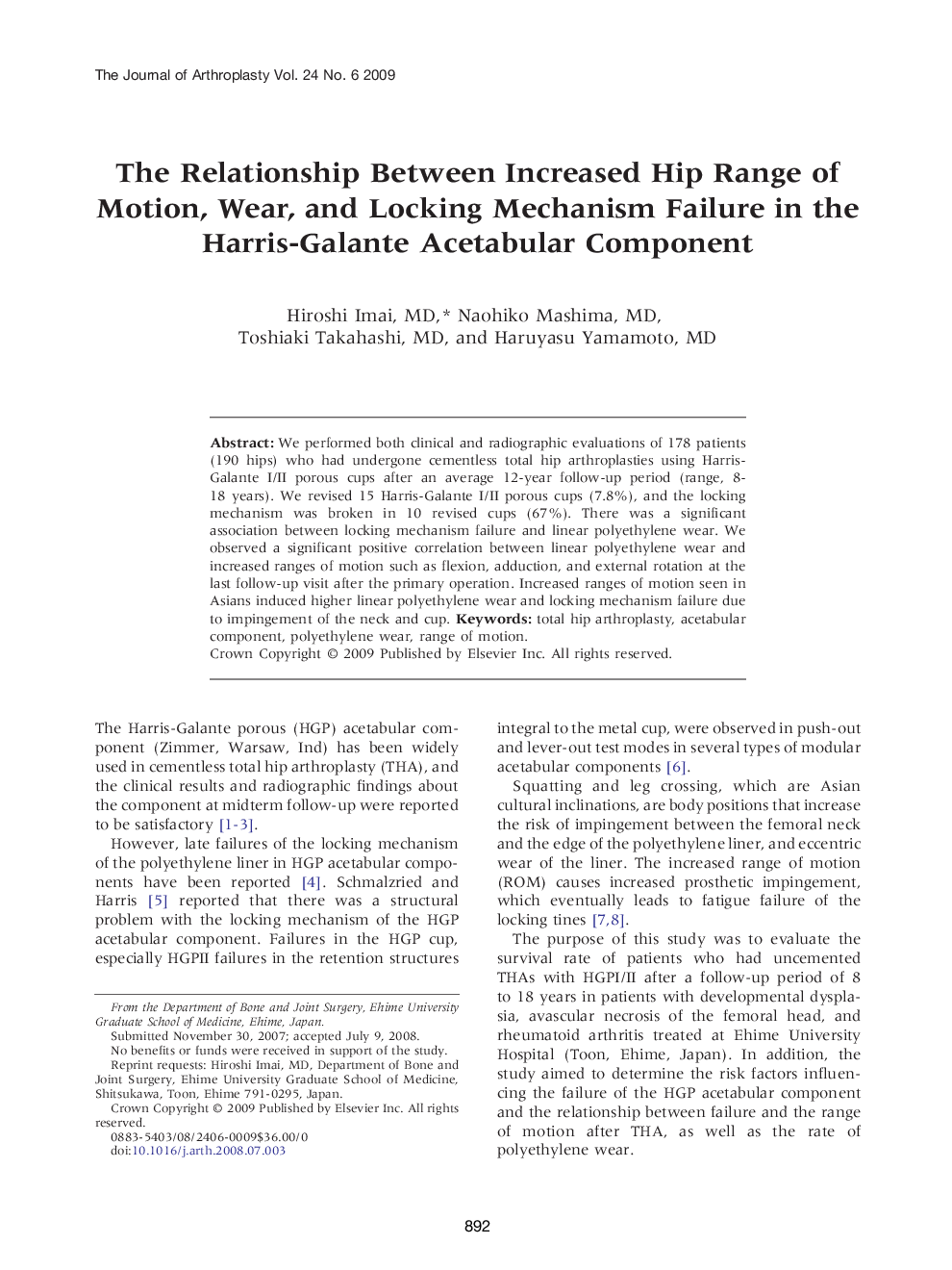 The Relationship Between Increased Hip Range of Motion, Wear, and Locking Mechanism Failure in the Harris-Galante Acetabular Component 