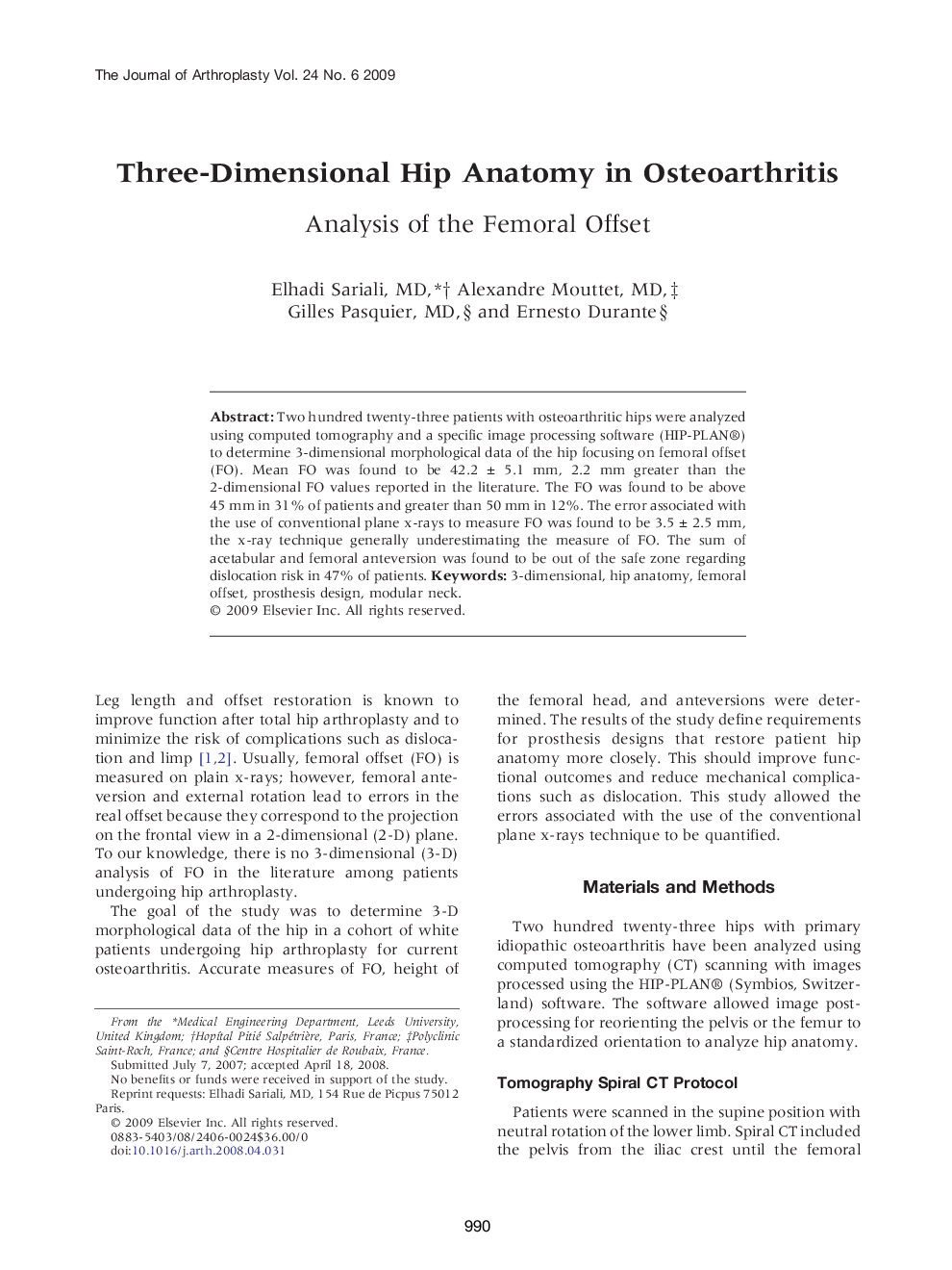 Three-Dimensional Hip Anatomy in Osteoarthritis : Analysis of the Femoral Offset