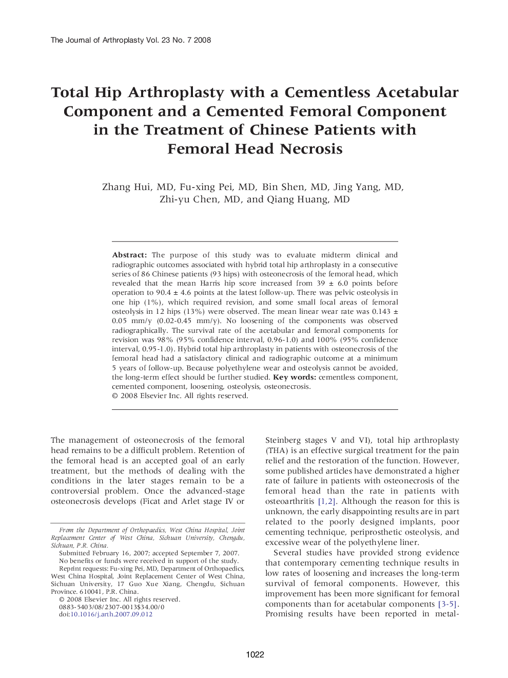 Total Hip Arthroplasty with a Cementless Acetabular Component and a Cemented Femoral Component in the Treatment of Chinese Patients with Femoral Head Necrosis 