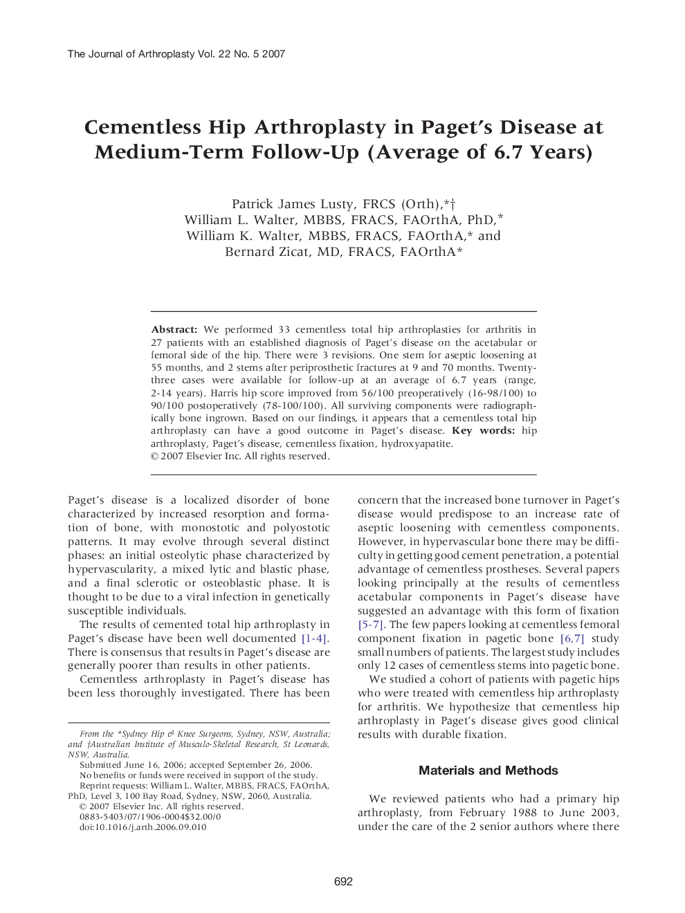 Cementless Hip Arthroplasty in Paget's Disease at Medium-Term Follow-Up (Average of 6.7 Years)