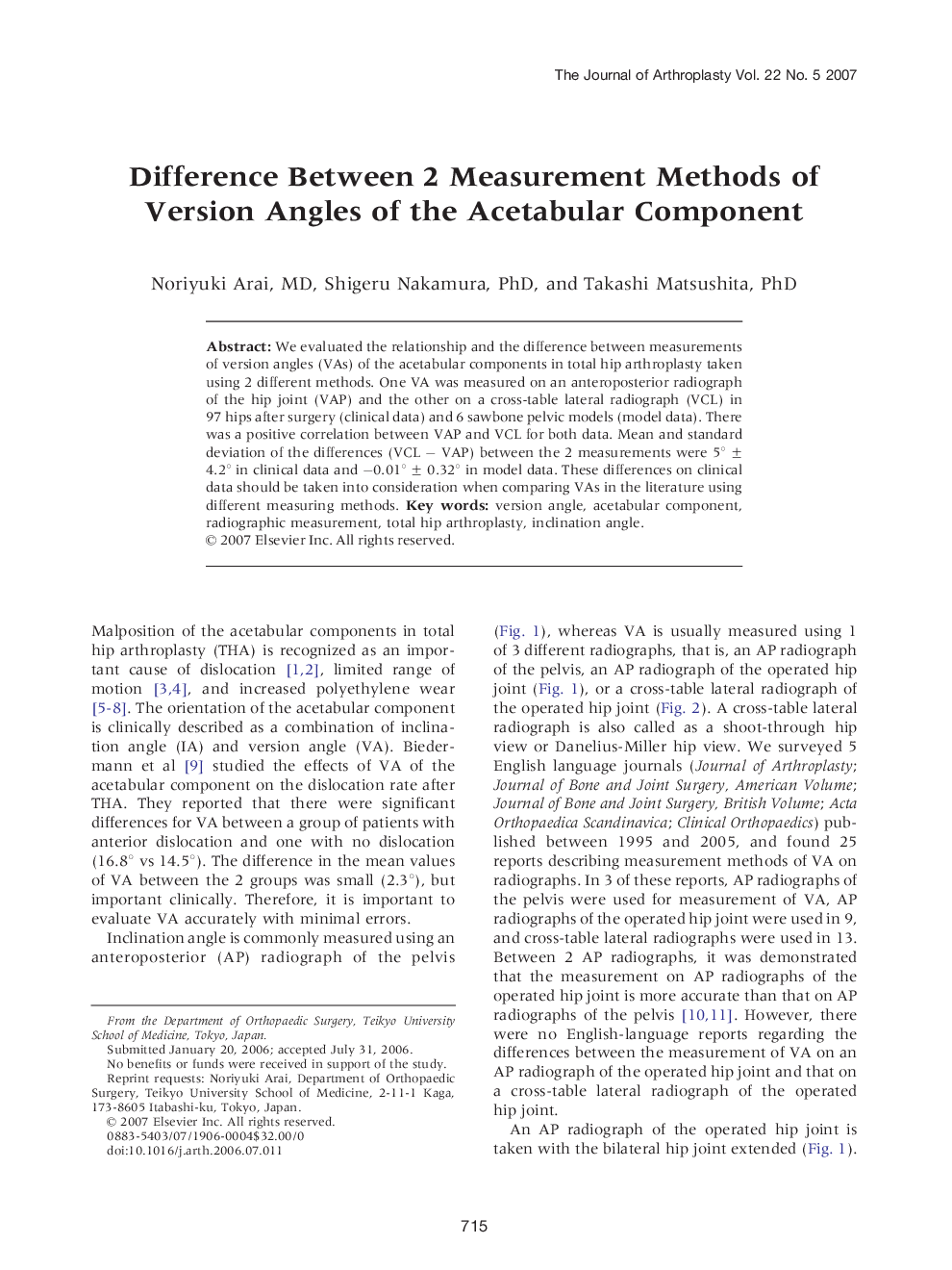 Difference Between 2 Measurement Methods of Version Angles of the Acetabular Component 