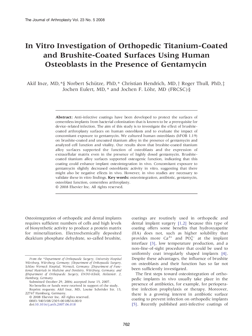 In Vitro Investigation of Orthopedic Titanium-Coated and Brushite-Coated Surfaces Using Human Osteoblasts in the Presence of Gentamycin 