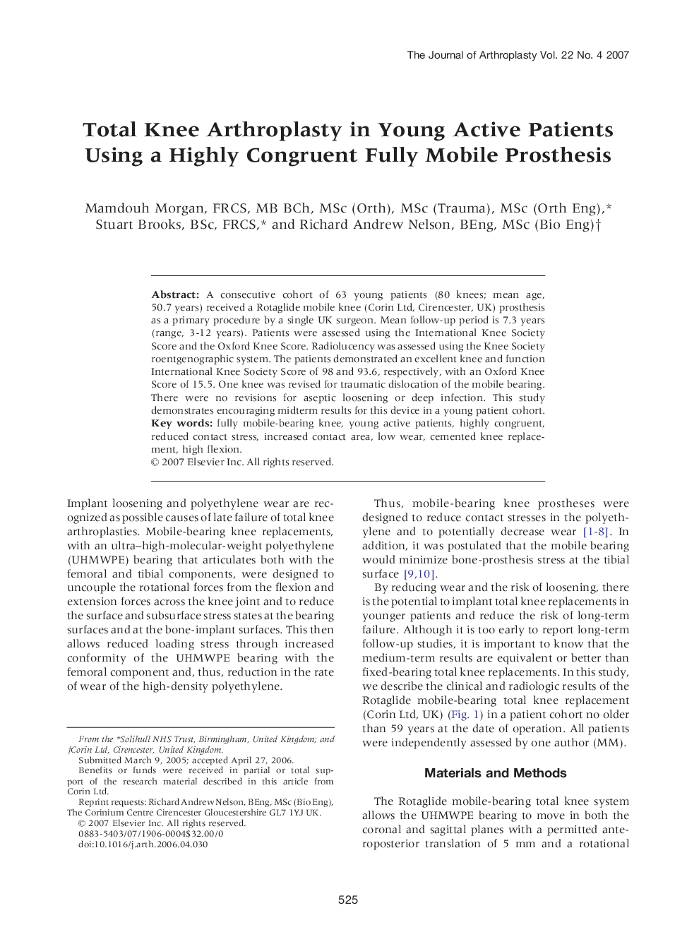 Total Knee Arthroplasty in Young Active Patients Using a Highly Congruent Fully Mobile Prosthesis 