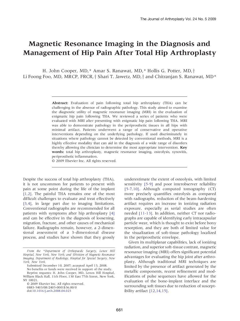 Magnetic Resonance Imaging in the Diagnosis and Management of Hip Pain After Total Hip Arthroplasty 