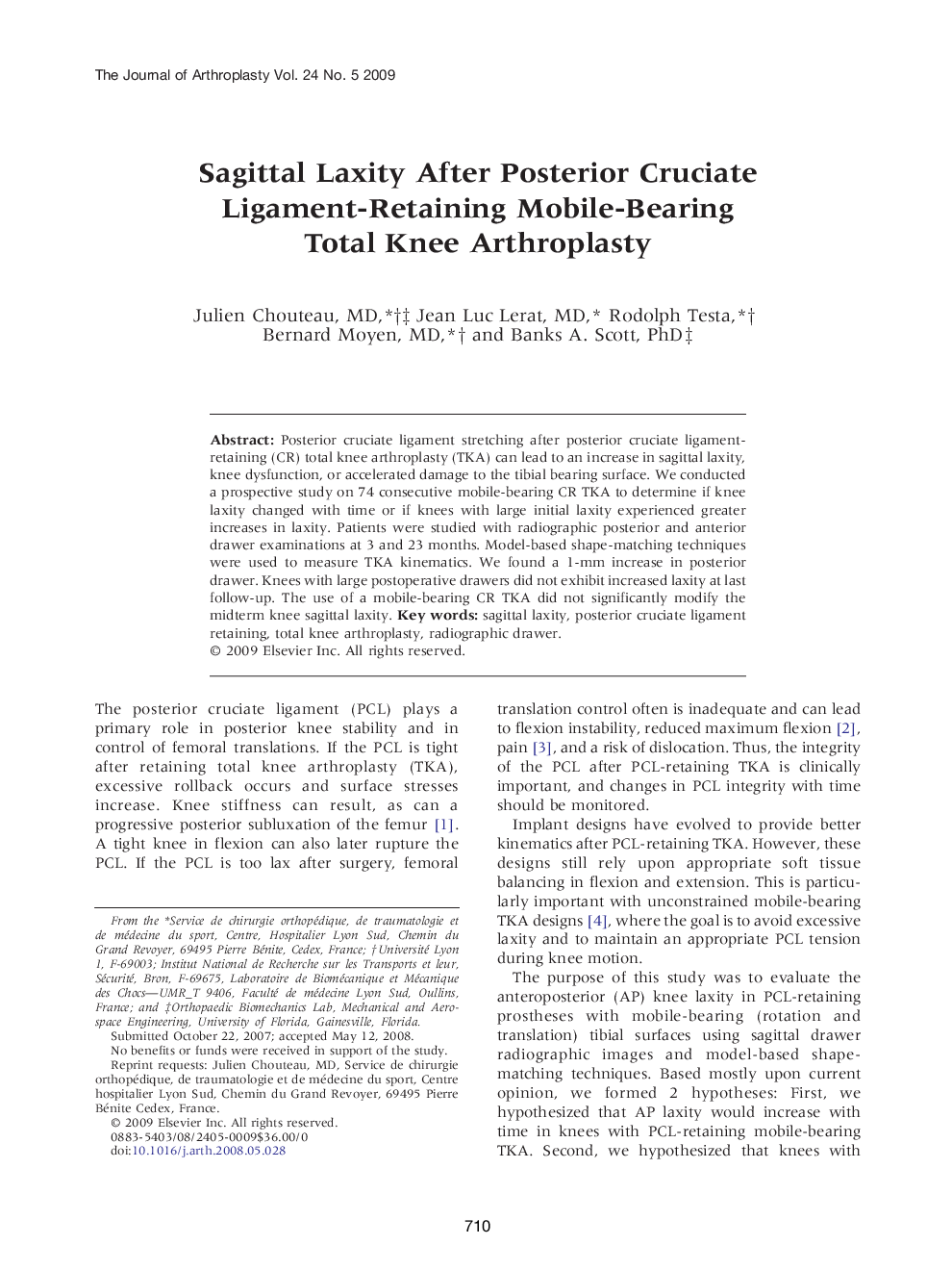 Sagittal Laxity After Posterior Cruciate Ligament-Retaining Mobile-Bearing Total Knee Arthroplasty 