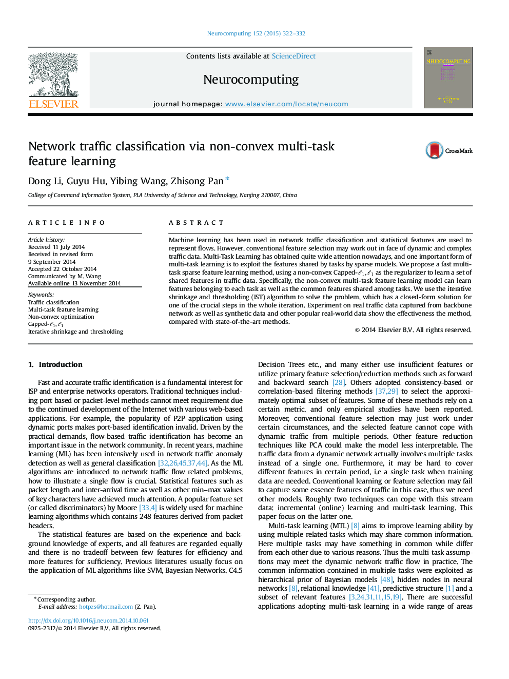 Network traffic classification via non-convex multi-task feature learning