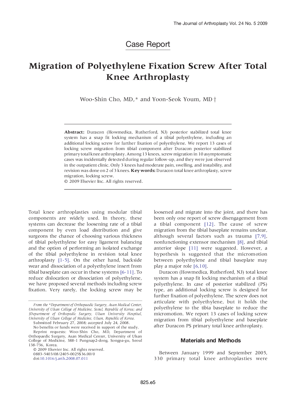 Migration of Polyethylene Fixation Screw After Total Knee Arthroplasty