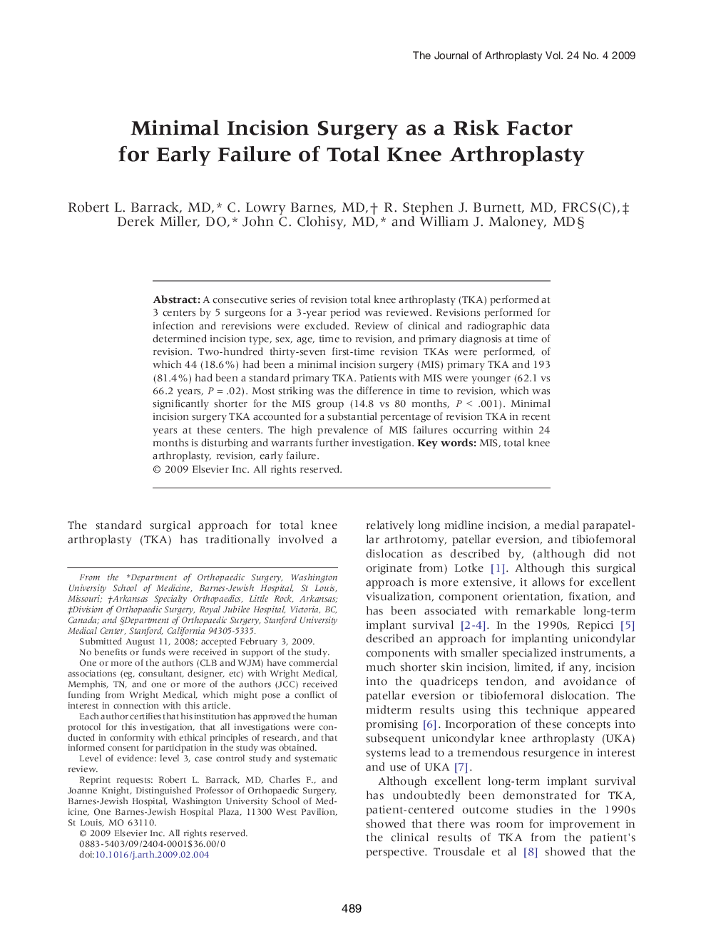 Minimal Incision Surgery as a Risk Factor for Early Failure of Total Knee Arthroplasty 