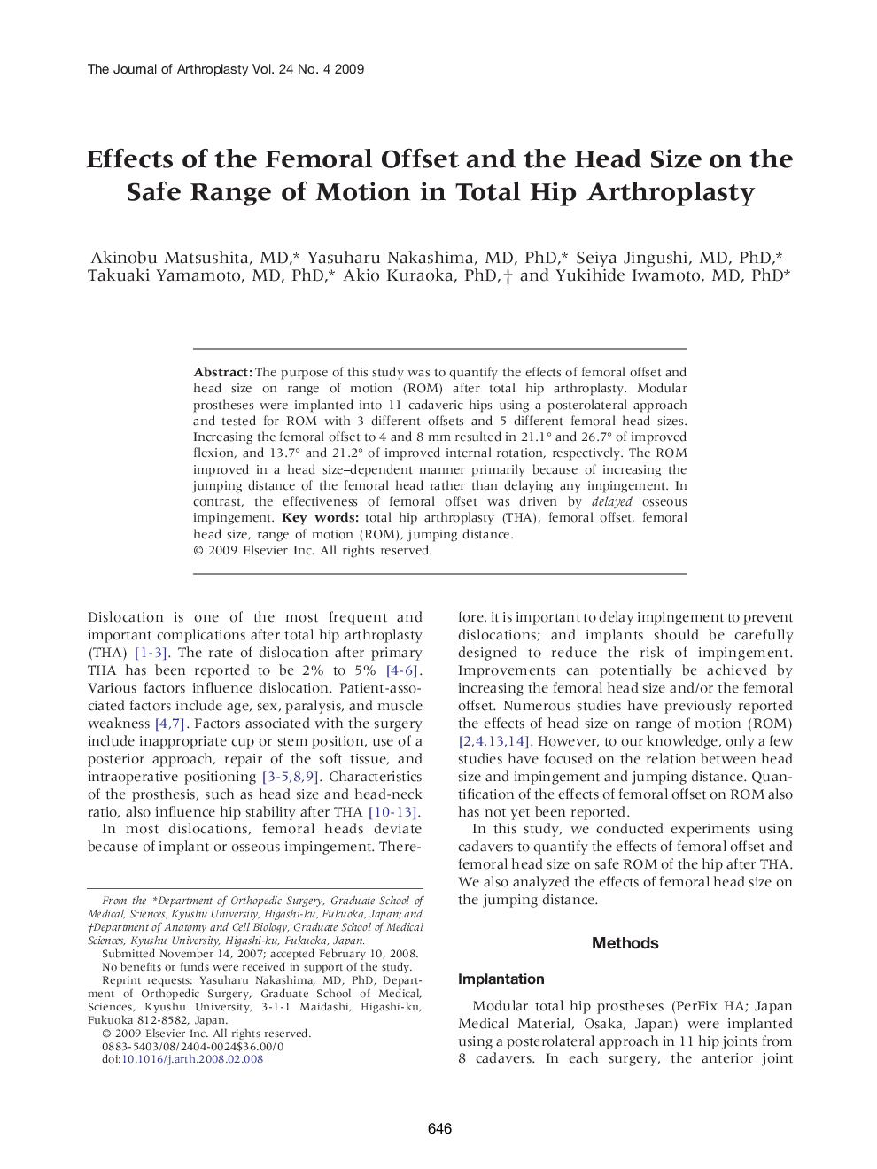 Effects of the Femoral Offset and the Head Size on the Safe Range of Motion in Total Hip Arthroplasty 