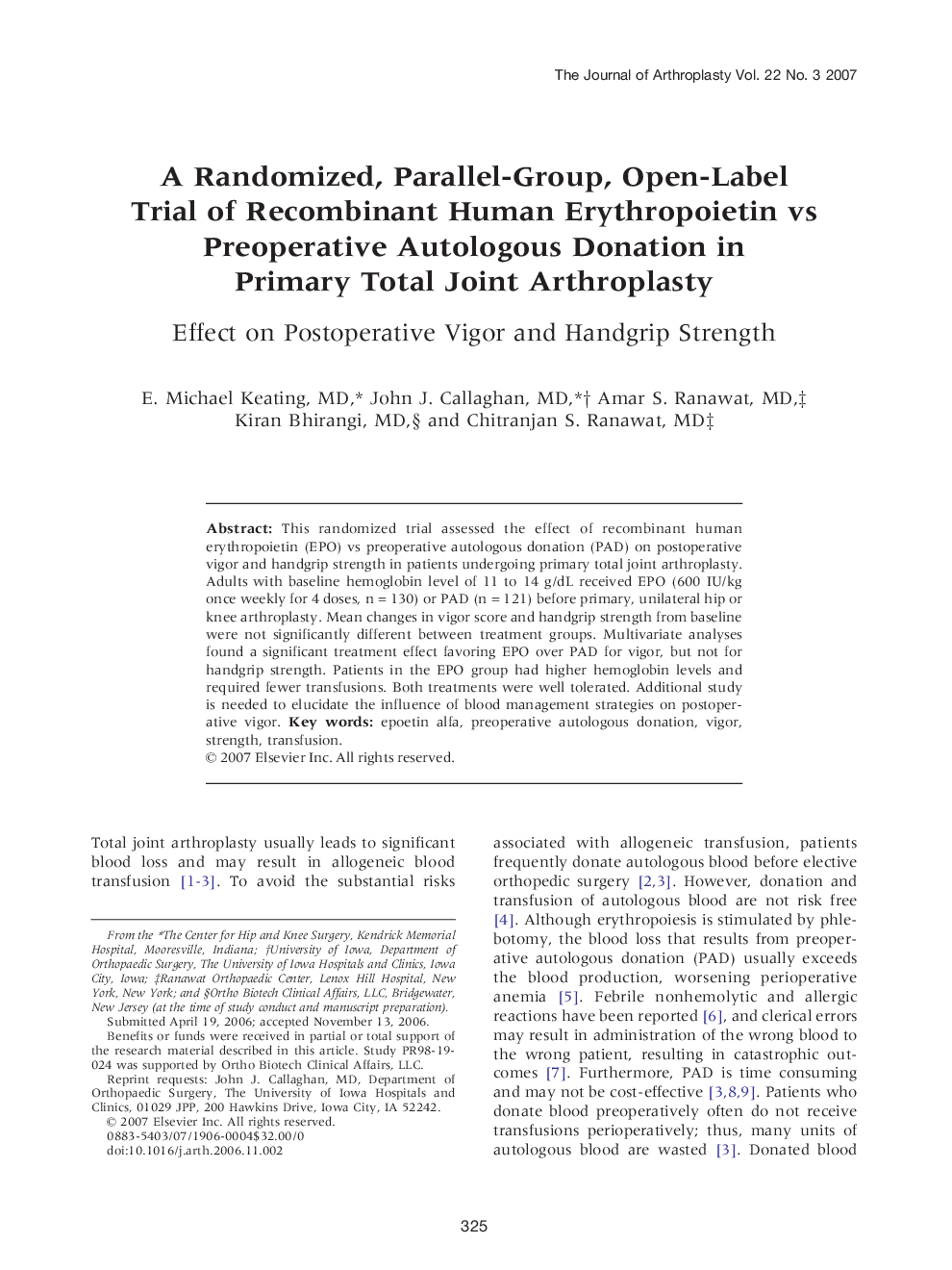 A Randomized, Parallel-Group, Open-Label Trial of Recombinant Human Erythropoietin vs Preoperative Autologous Donation in Primary Total Joint Arthroplasty : Effect on Postoperative Vigor and Handgrip Strength