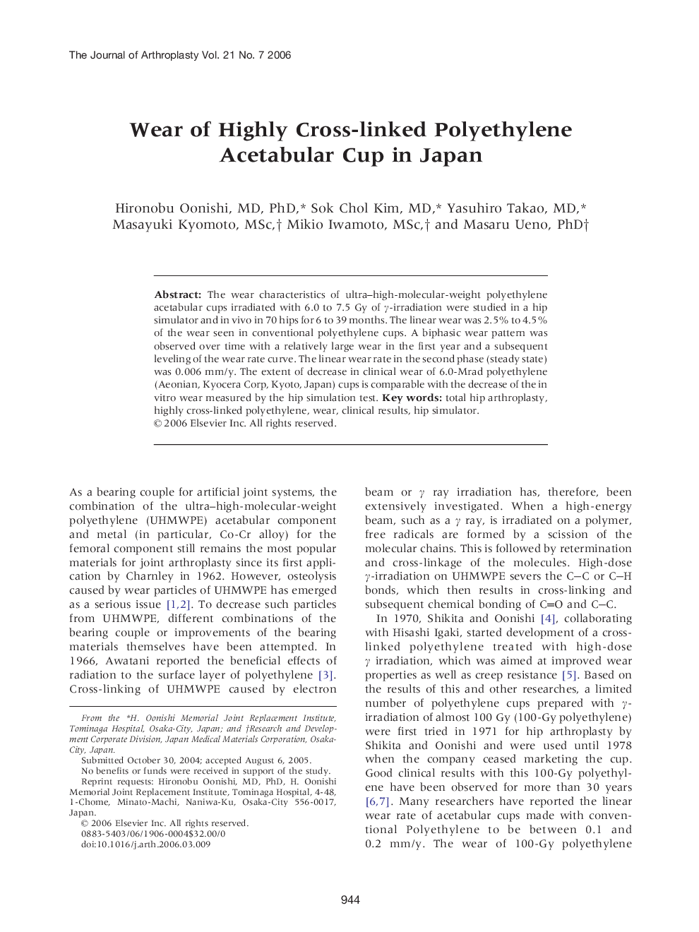 Wear of Highly Cross-linked Polyethylene Acetabular Cup in Japan 