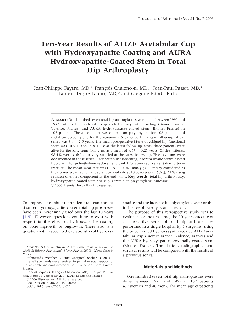 Ten-Year Results of ALIZE Acetabular Cup with Hydroxyapatite Coating and AURA Hydroxyapatite-Coated Stem in Total Hip Arthroplasty 