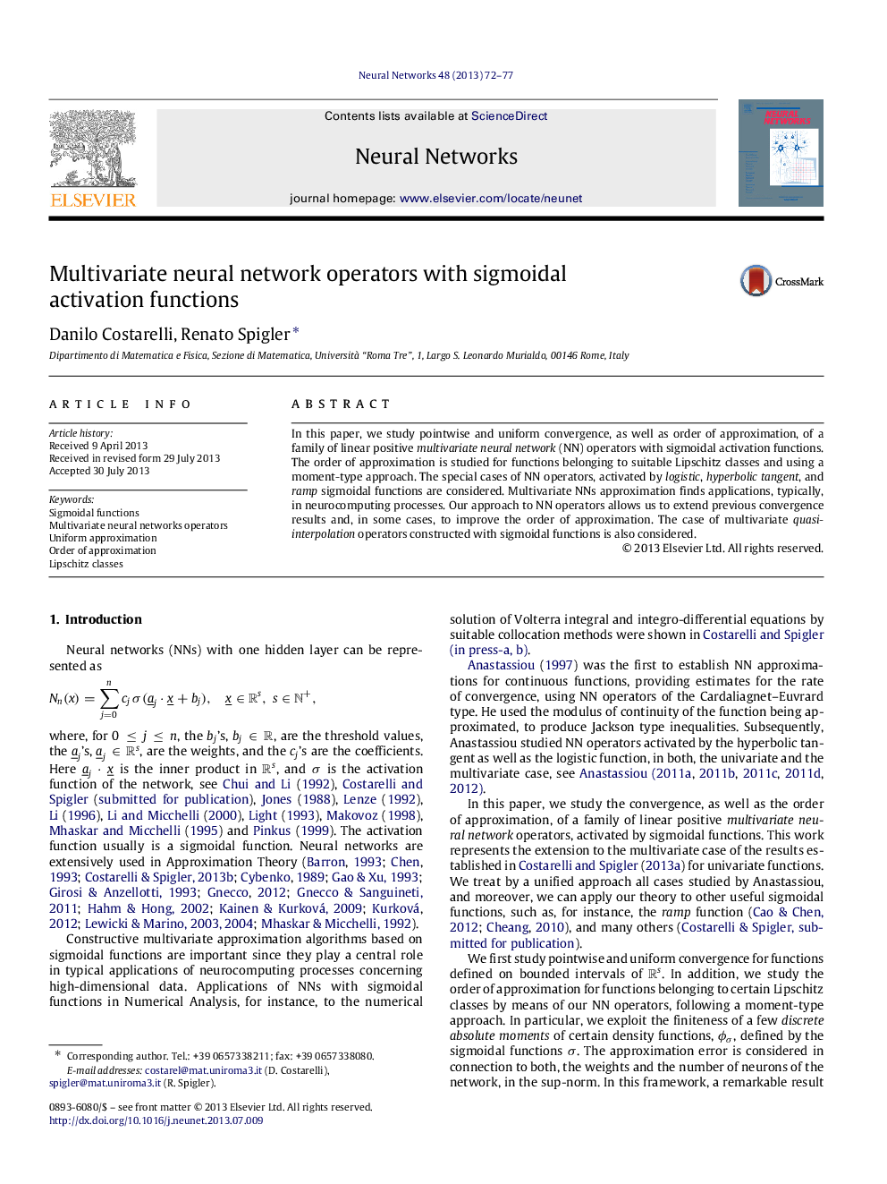 عکس صفحه اول مقاله: Multivariate neural network operators with sigmoidal activation functions Multivariate neural network operators with sigmoidal activation functions