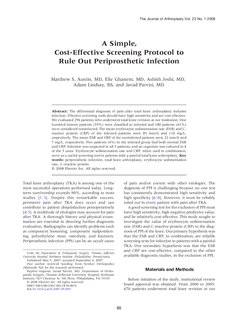 A Simple, Cost-Effective Screening Protocol to Rule Out Periprosthetic Infection 