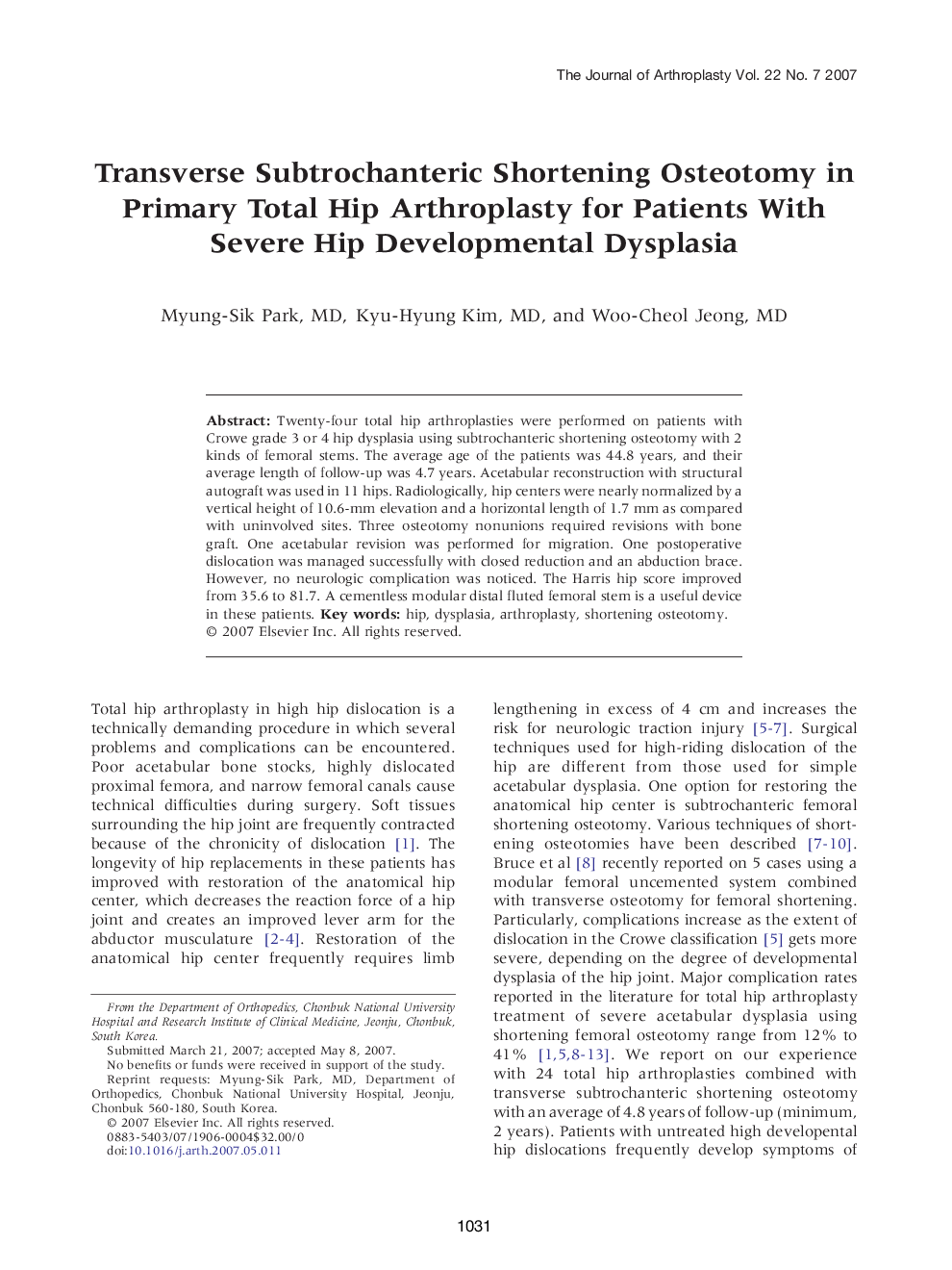 Transverse Subtrochanteric Shortening Osteotomy in Primary Total Hip Arthroplasty for Patients With Severe Hip Developmental Dysplasia 