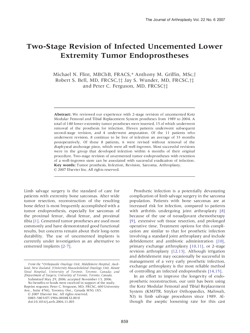 Two-Stage Revision of Infected Uncemented Lower Extremity Tumor Endoprostheses 