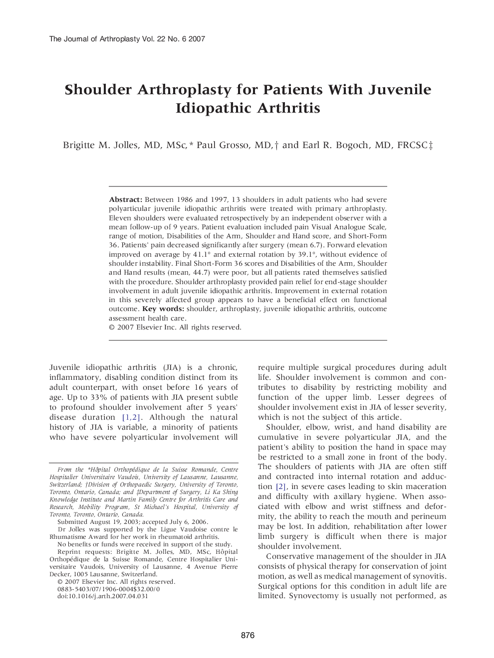 Shoulder Arthroplasty for Patients With Juvenile Idiopathic Arthritis 