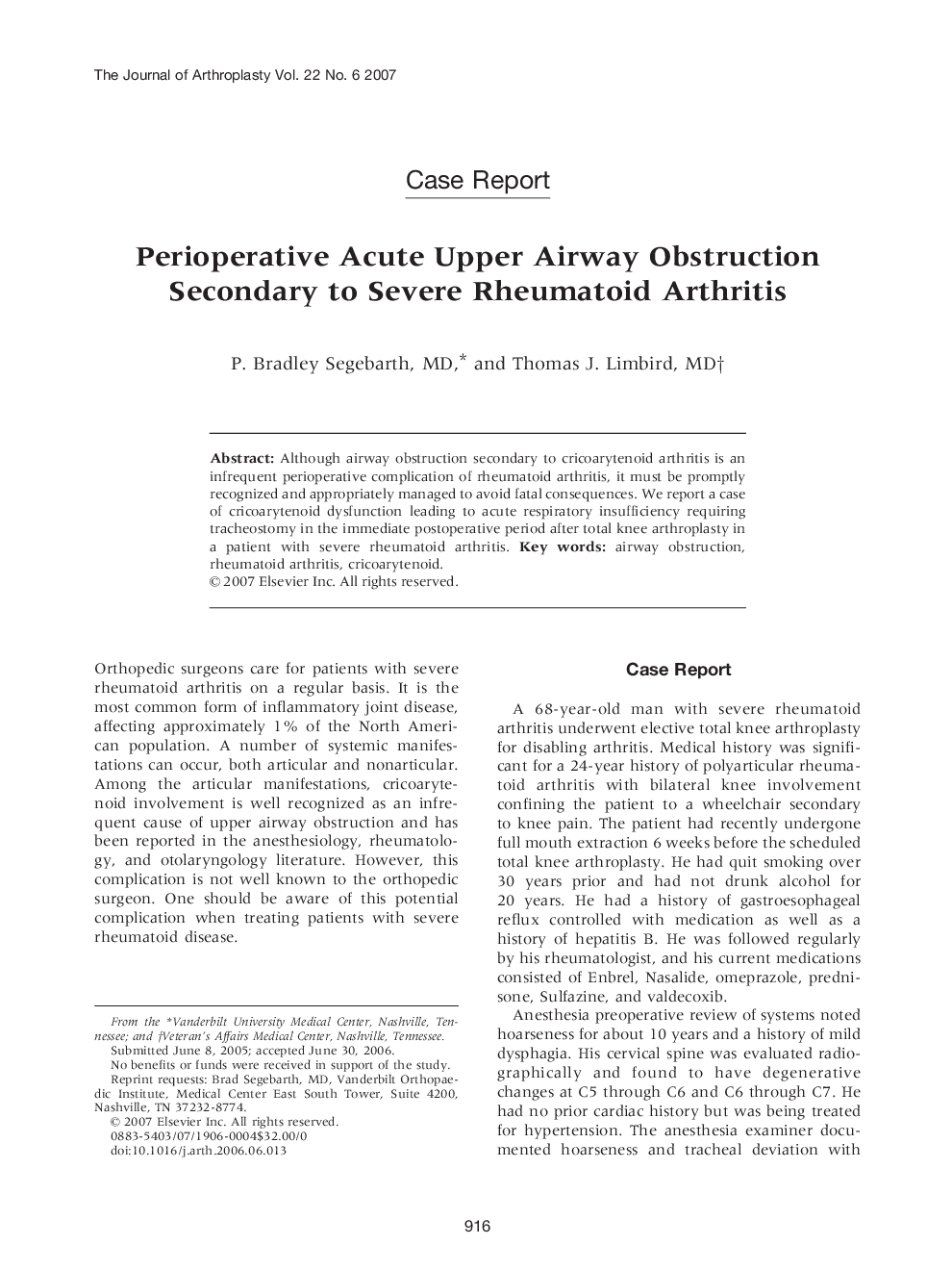 Perioperative Acute Upper Airway Obstruction Secondary to Severe Rheumatoid Arthritis 