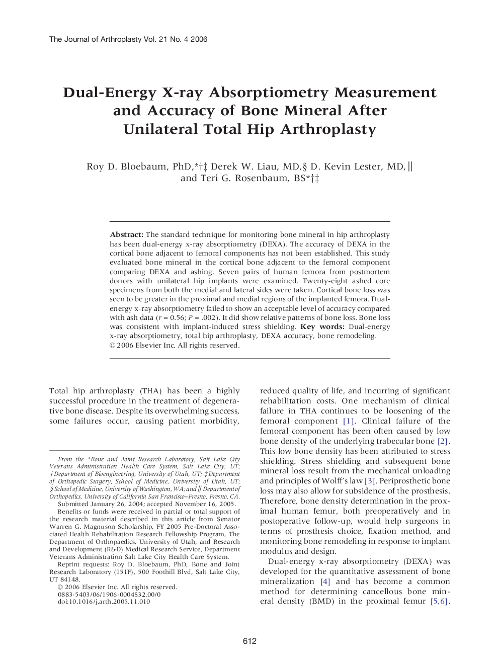 Dual-Energy X-ray Absorptiometry Measurement and Accuracy of Bone Mineral After Unilateral Total Hip Arthroplasty