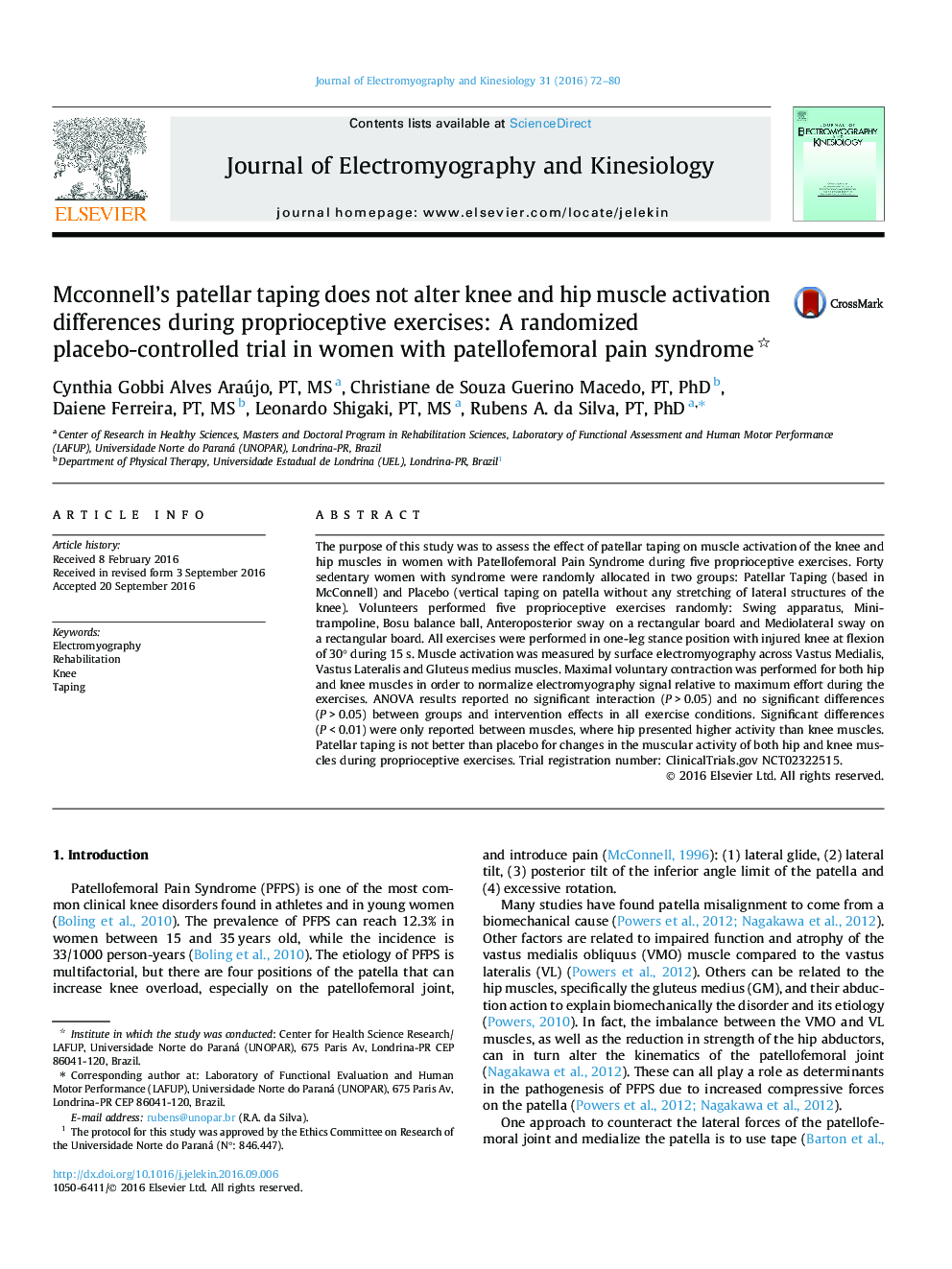 Mcconnell’s patellar taping does not alter knee and hip muscle activation differences during proprioceptive exercises: A randomized placebo-controlled trial in women with patellofemoral pain syndrome 