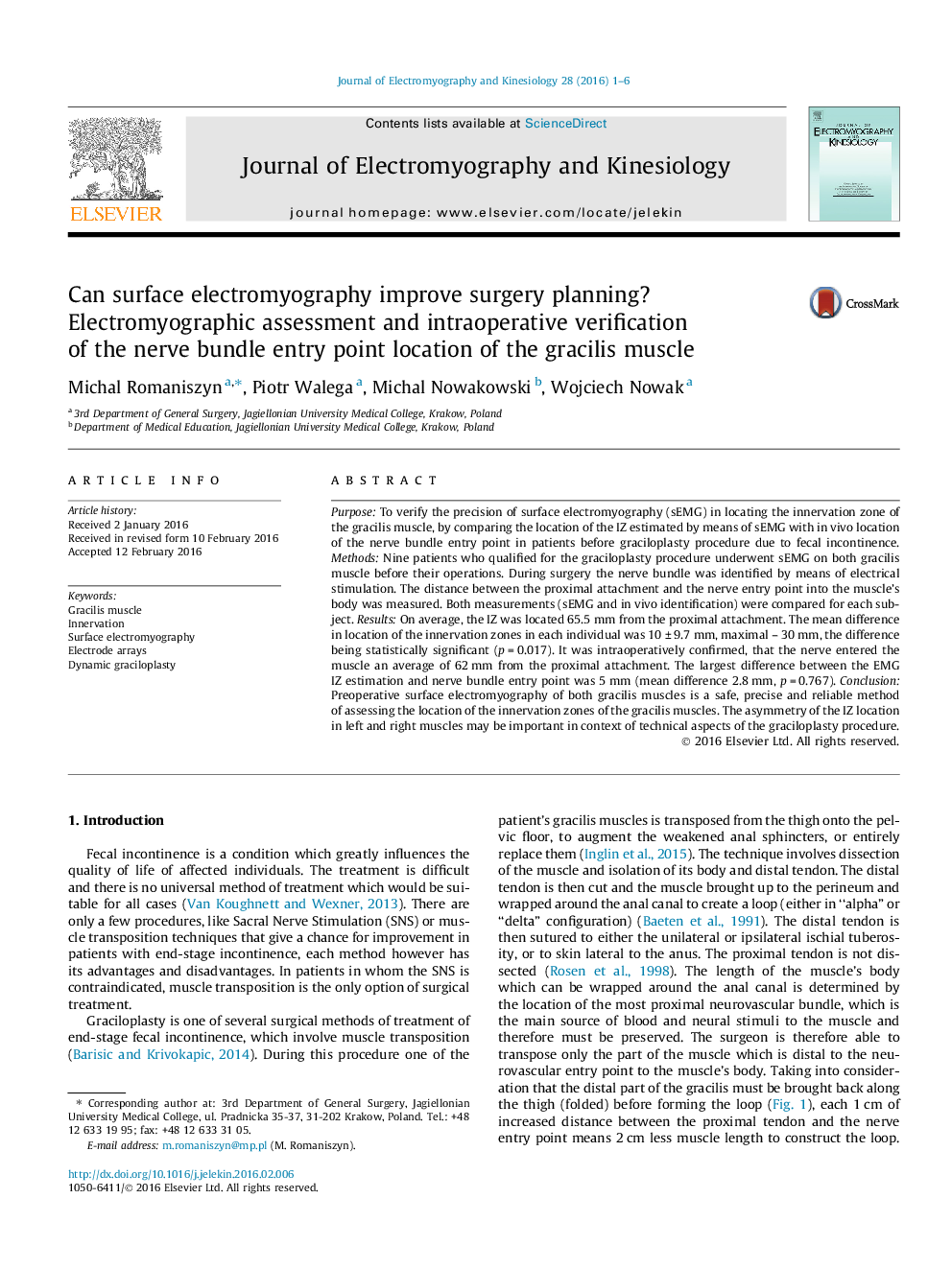 Can surface electromyography improve surgery planning? Electromyographic assessment and intraoperative verification of the nerve bundle entry point location of the gracilis muscle