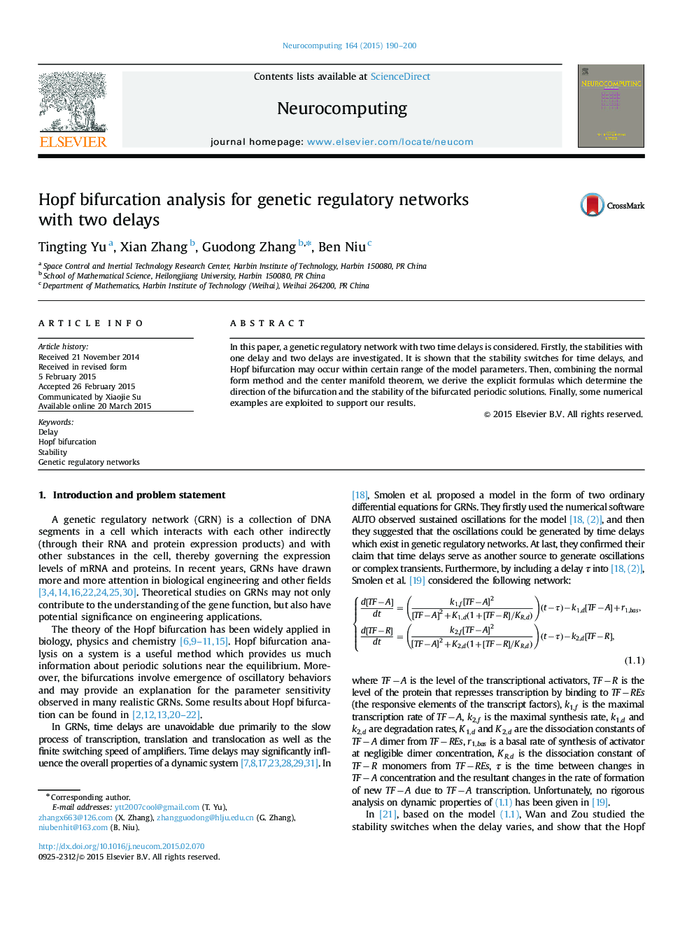 Hopf bifurcation analysis for genetic regulatory networks with two delays