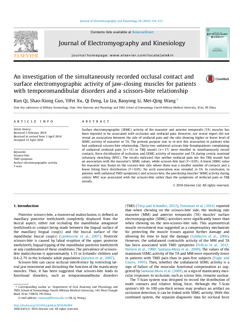 An investigation of the simultaneously recorded occlusal contact and surface electromyographic activity of jaw-closing muscles for patients with temporomandibular disorders and a scissors-bite relationship