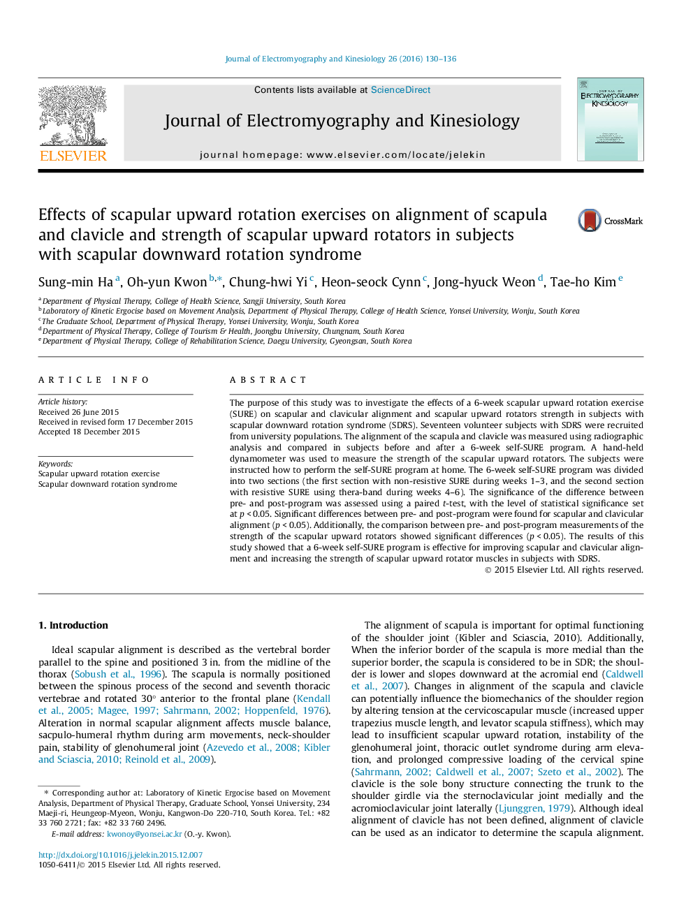 Effects of scapular upward rotation exercises on alignment of scapula and clavicle and strength of scapular upward rotators in subjects with scapular downward rotation syndrome