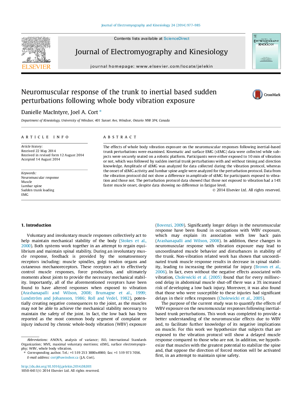 Neuromuscular response of the trunk to inertial based sudden perturbations following whole body vibration exposure