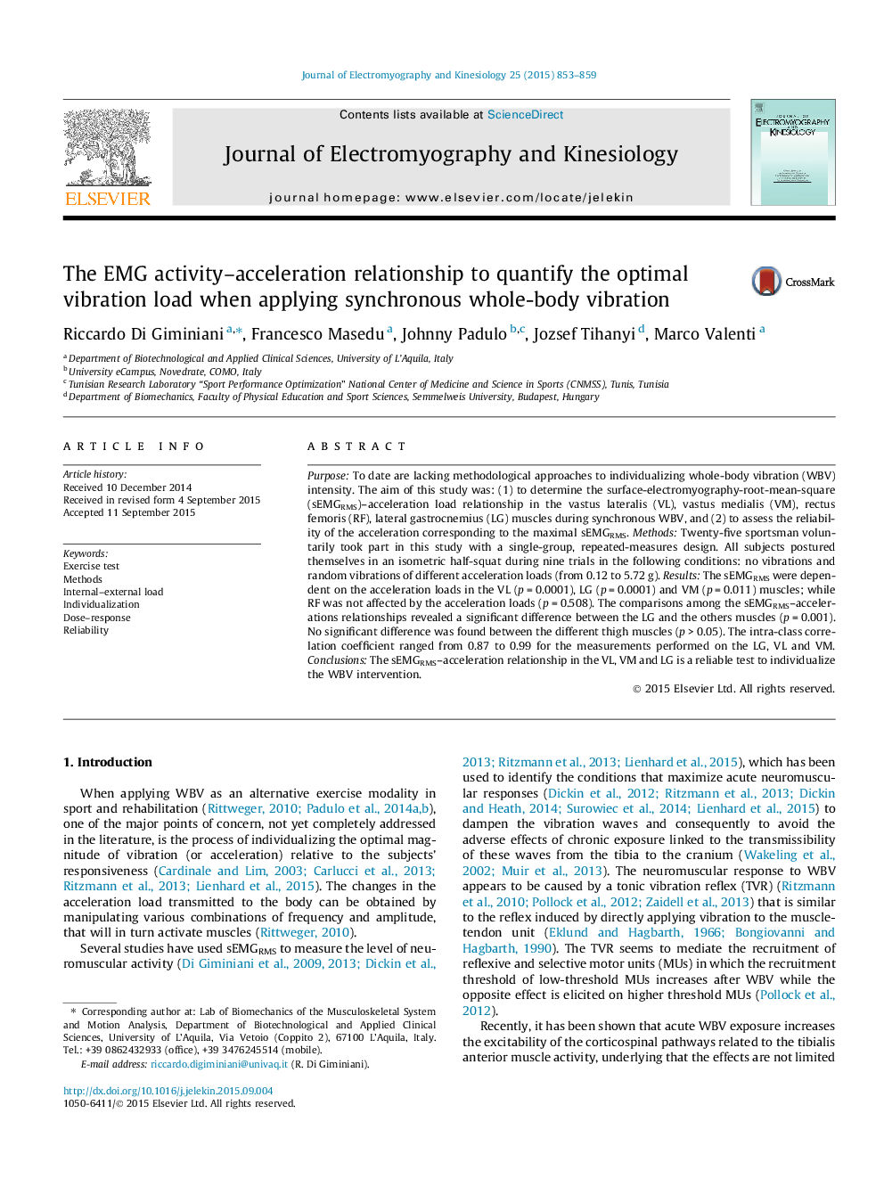 The EMG activity–acceleration relationship to quantify the optimal vibration load when applying synchronous whole-body vibration