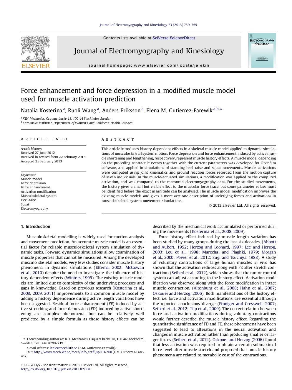 Force enhancement and force depression in a modified muscle model used for muscle activation prediction