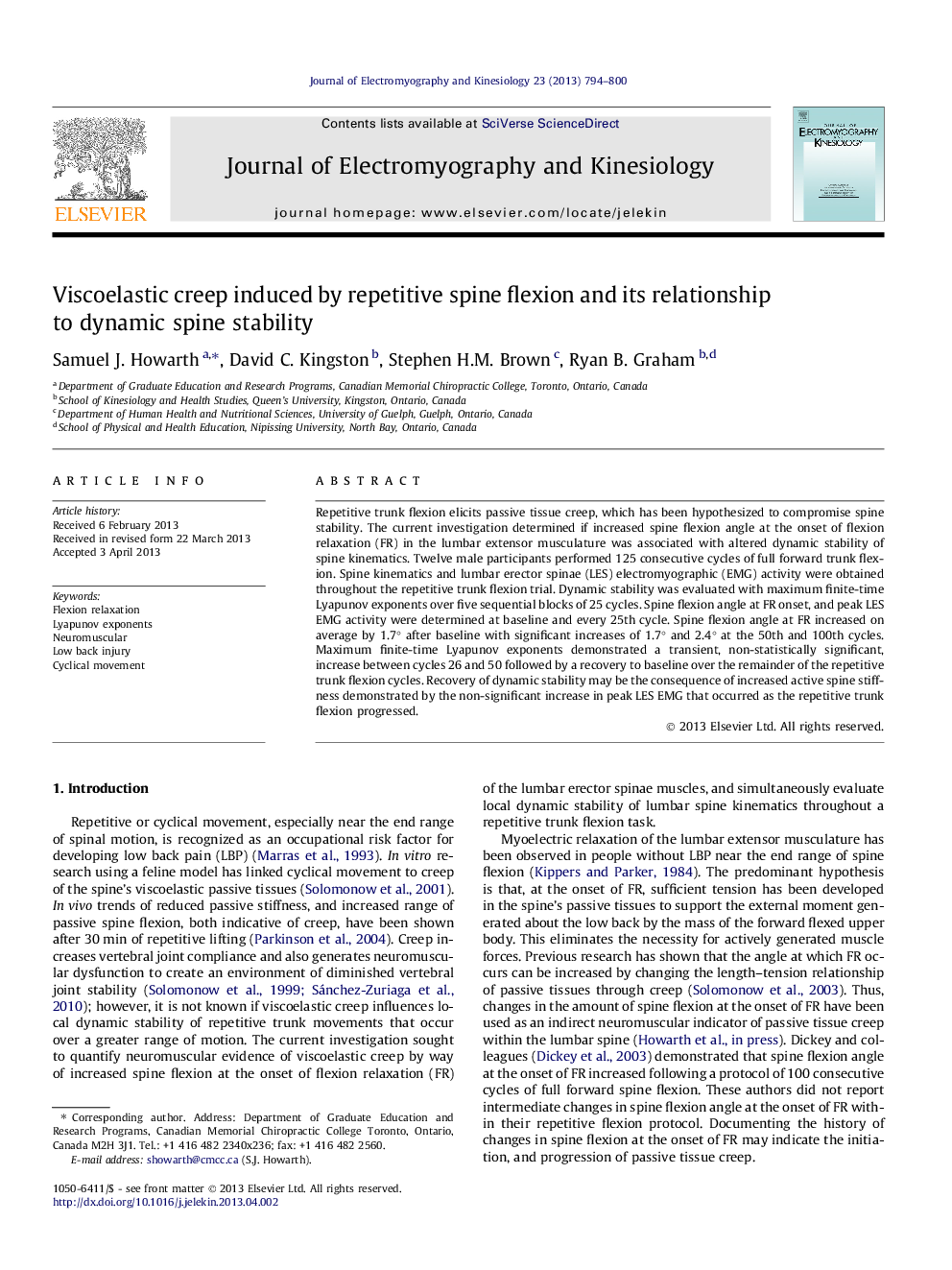 Viscoelastic creep induced by repetitive spine flexion and its relationship to dynamic spine stability