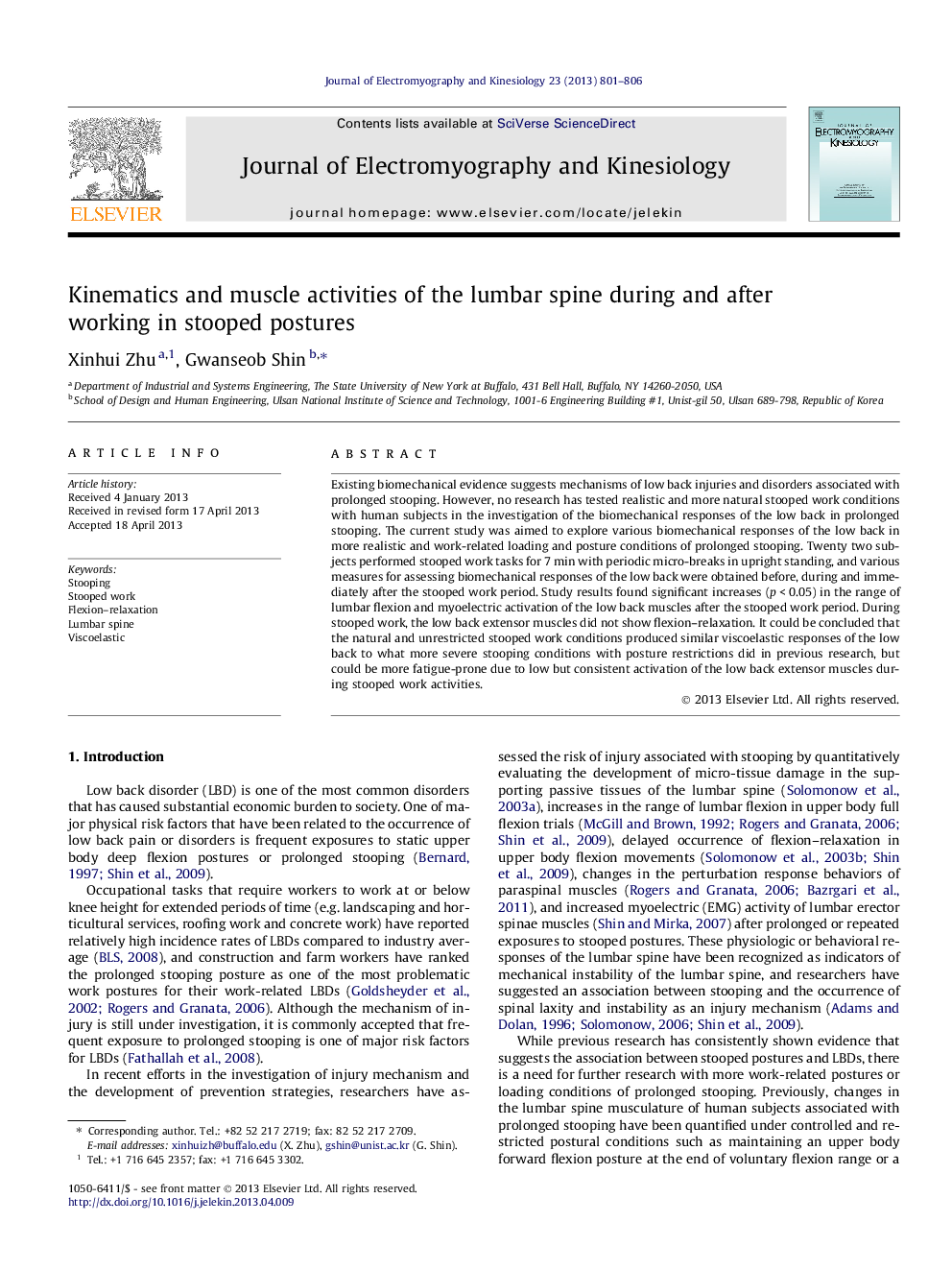 Kinematics and muscle activities of the lumbar spine during and after working in stooped postures