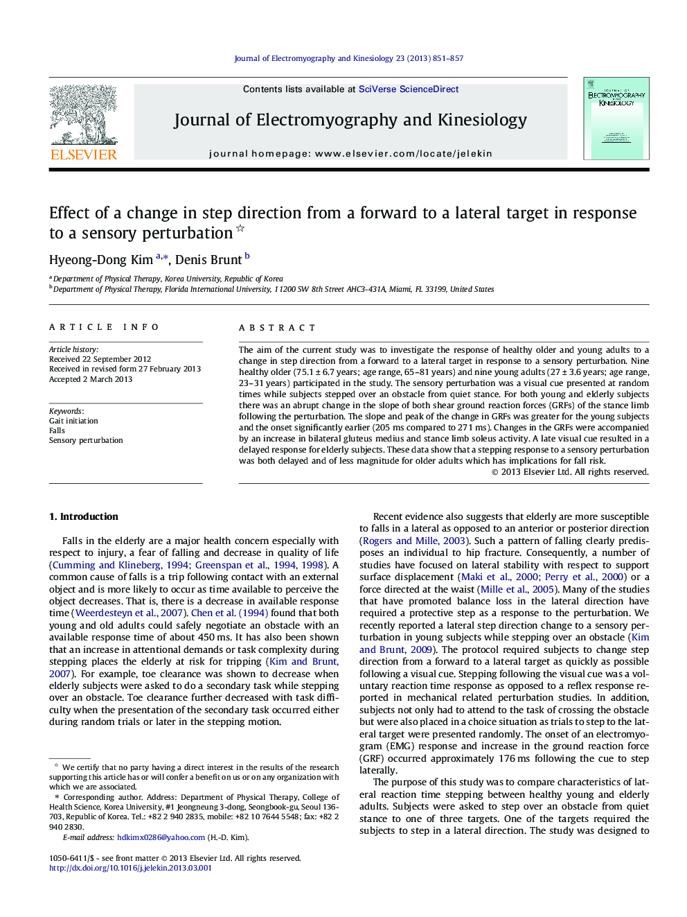 Effect of a change in step direction from a forward to a lateral target in response to a sensory perturbation 