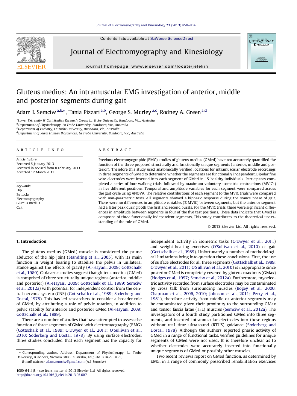 Gluteus medius: An intramuscular EMG investigation of anterior, middle and posterior segments during gait