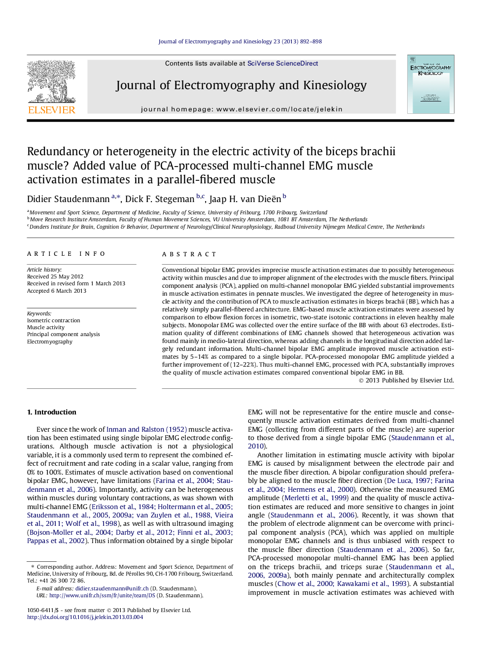 Redundancy or heterogeneity in the electric activity of the biceps brachii muscle? Added value of PCA-processed multi-channel EMG muscle activation estimates in a parallel-fibered muscle