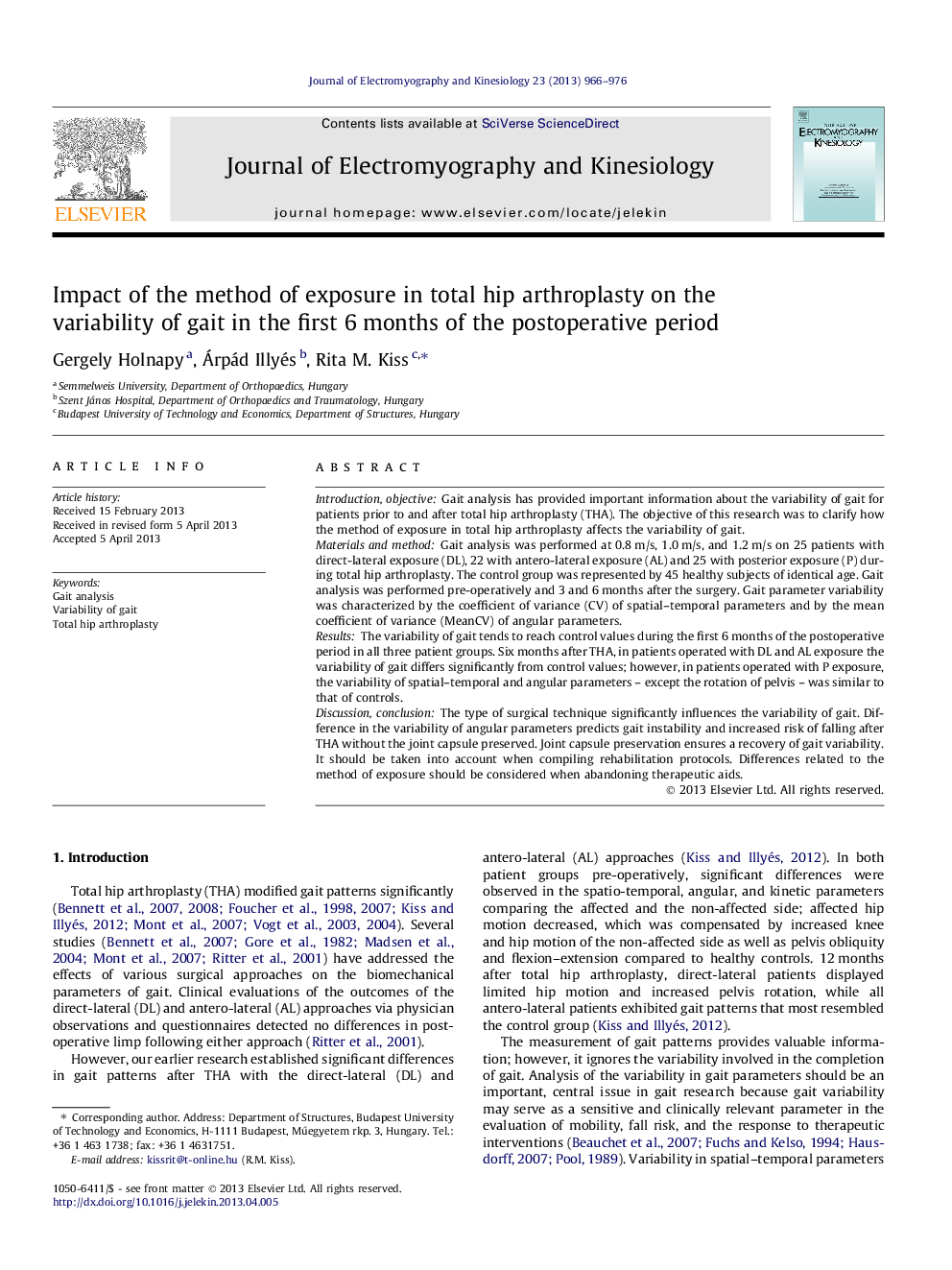 Impact of the method of exposure in total hip arthroplasty on the variability of gait in the first 6 months of the postoperative period