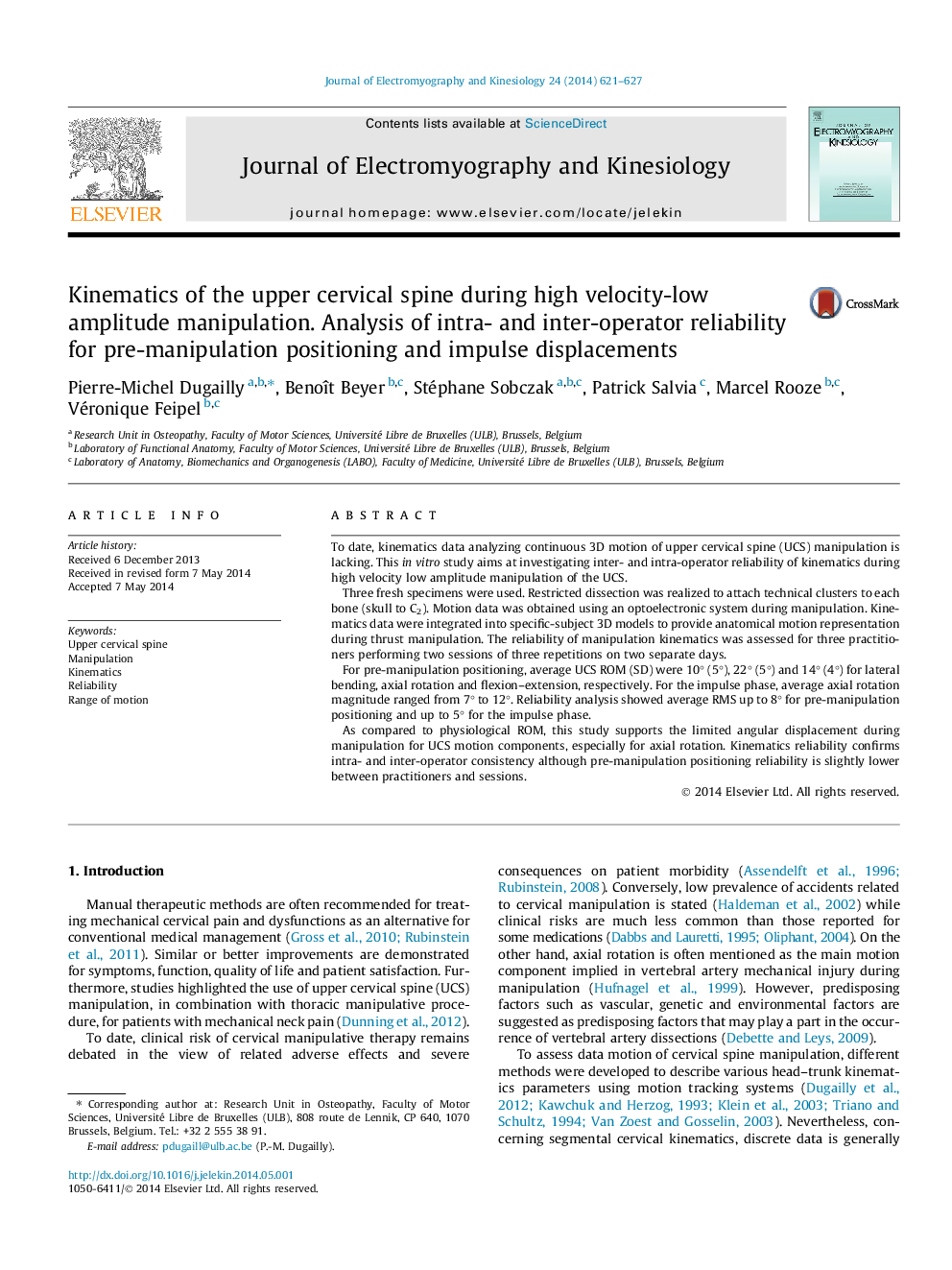 Kinematics of the upper cervical spine during high velocity-low amplitude manipulation. Analysis of intra- and inter-operator reliability for pre-manipulation positioning and impulse displacements