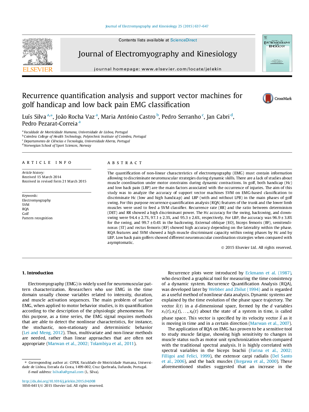 Recurrence quantification analysis and support vector machines for golf handicap and low back pain EMG classification