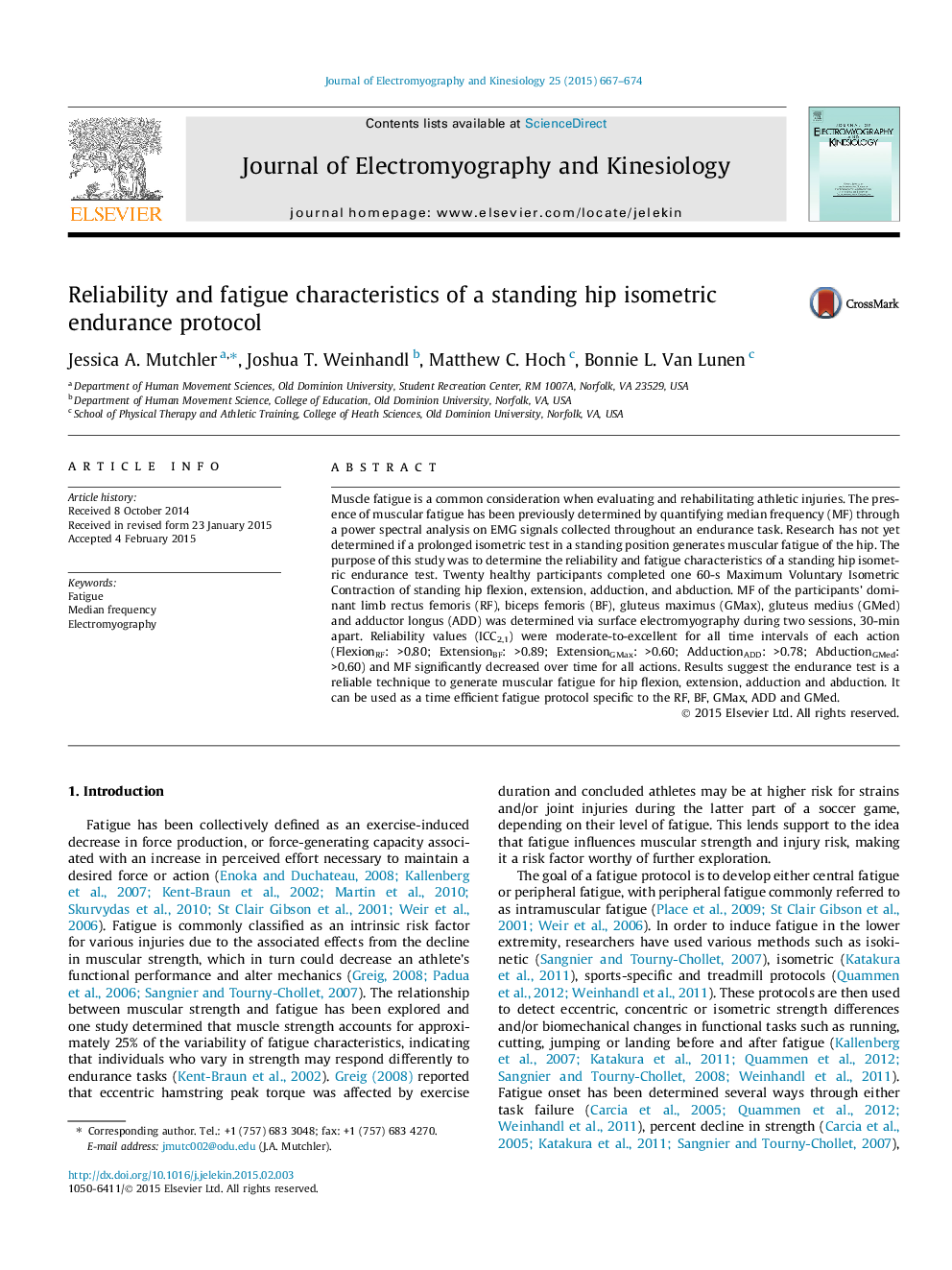 Reliability and fatigue characteristics of a standing hip isometric endurance protocol