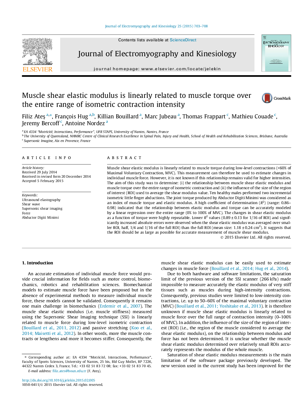 Muscle shear elastic modulus is linearly related to muscle torque over the entire range of isometric contraction intensity