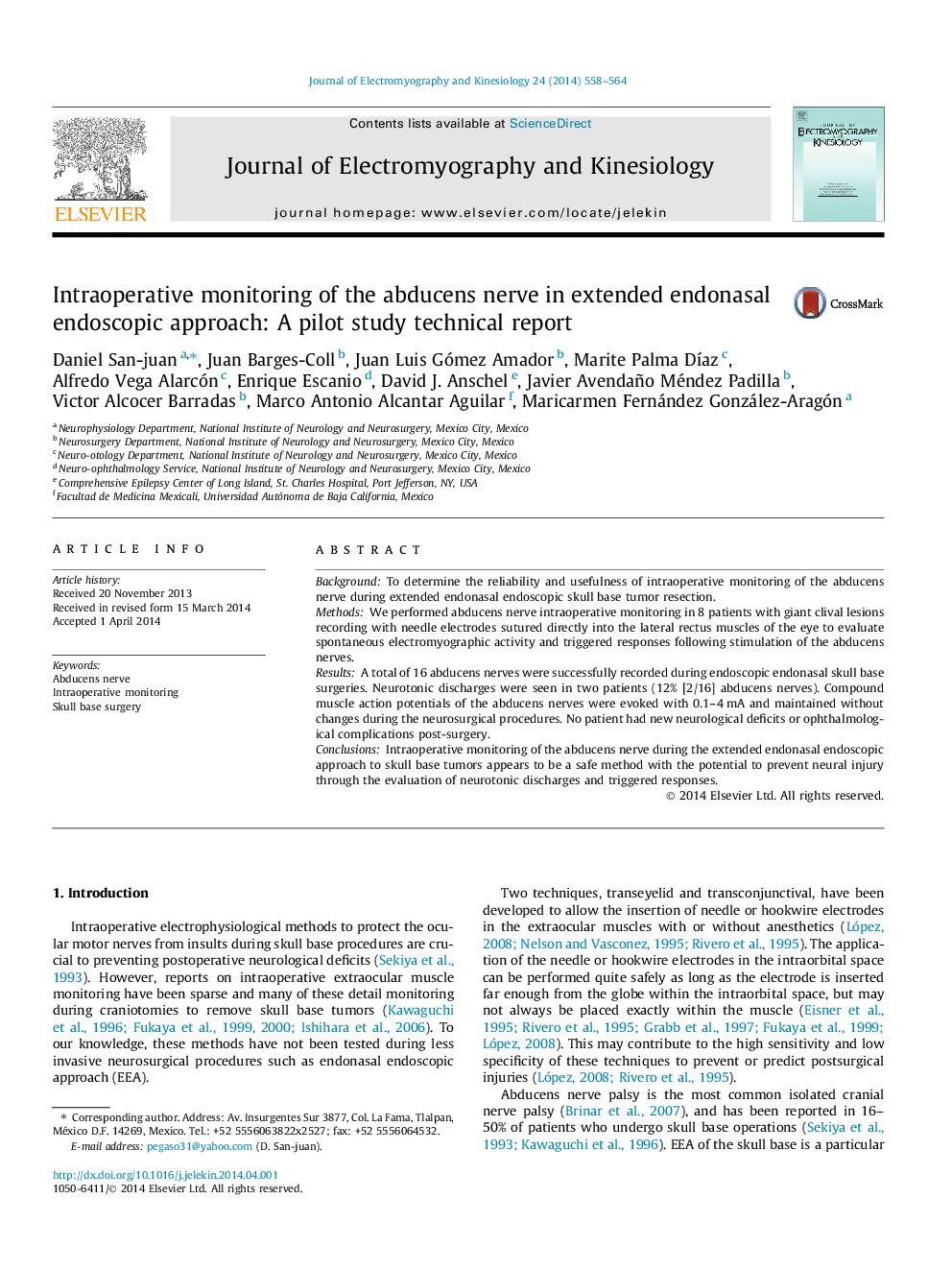 Intraoperative monitoring of the abducens nerve in extended endonasal endoscopic approach: A pilot study technical report