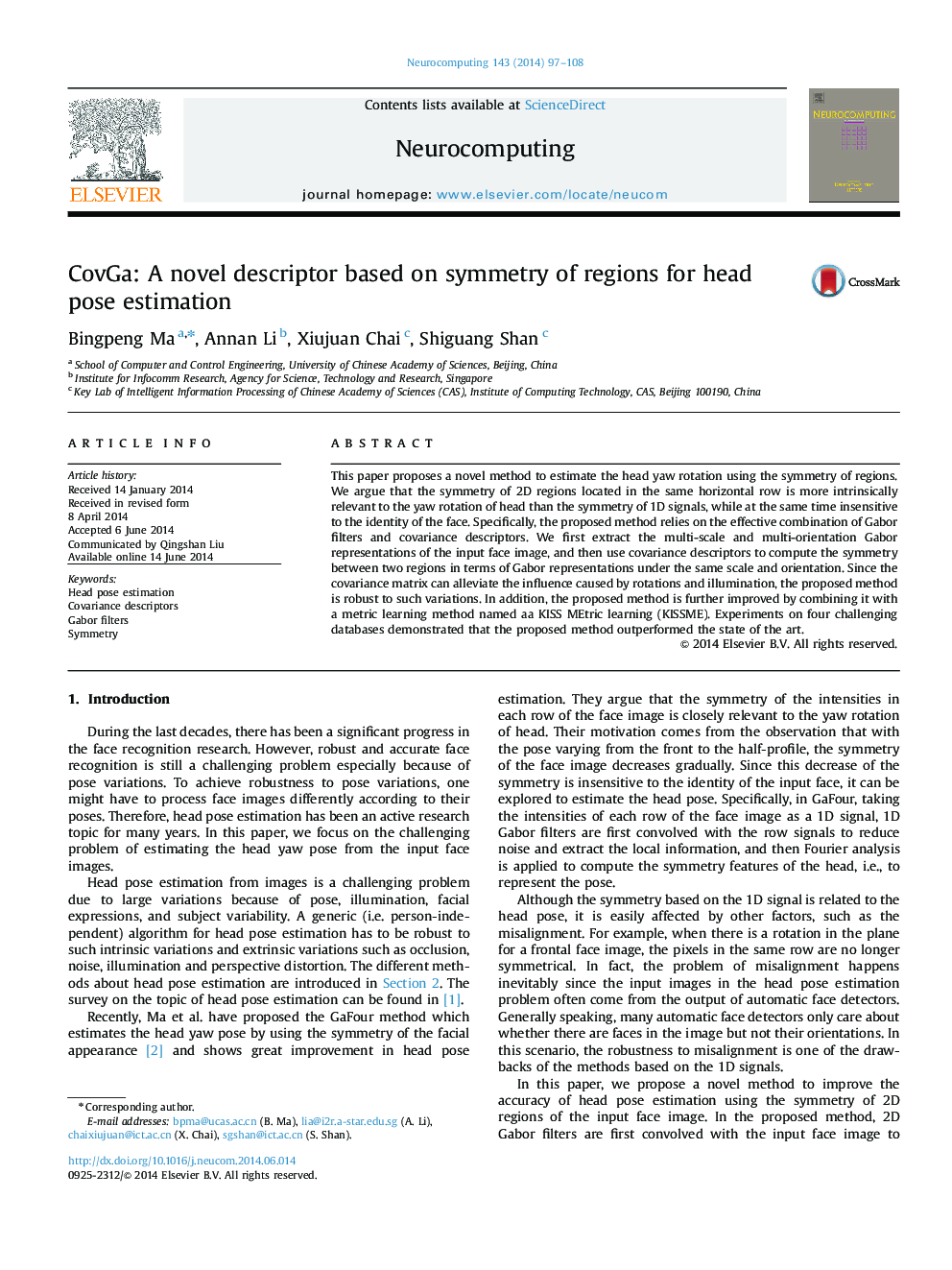 CovGa: A novel descriptor based on symmetry of regions for head pose estimation