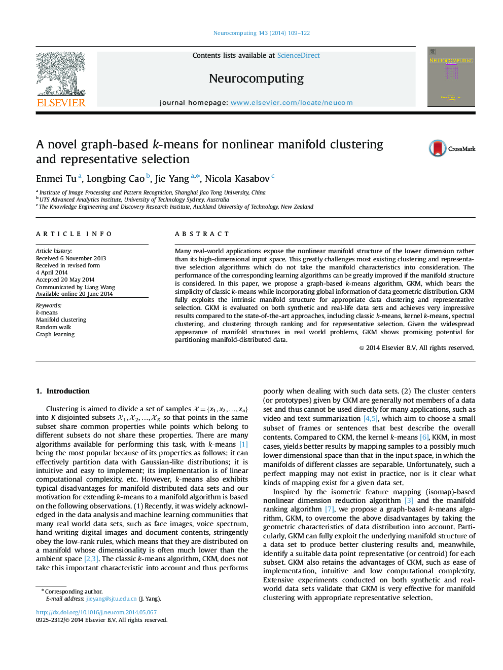 A novel graph-based k-means for nonlinear manifold clustering and representative selection