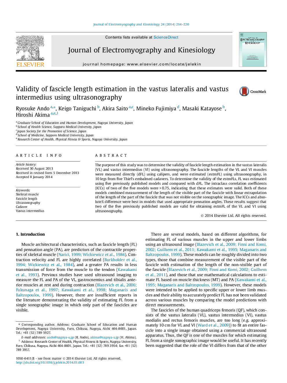 Validity of fascicle length estimation in the vastus lateralis and vastus intermedius using ultrasonography