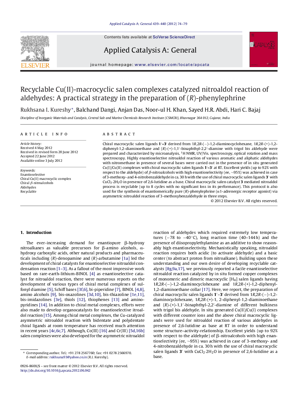 Recyclable Cu(II)-macrocyclic salen complexes catalyzed nitroaldol reaction of aldehydes: A practical strategy in the preparation of (R)-phenylephrine