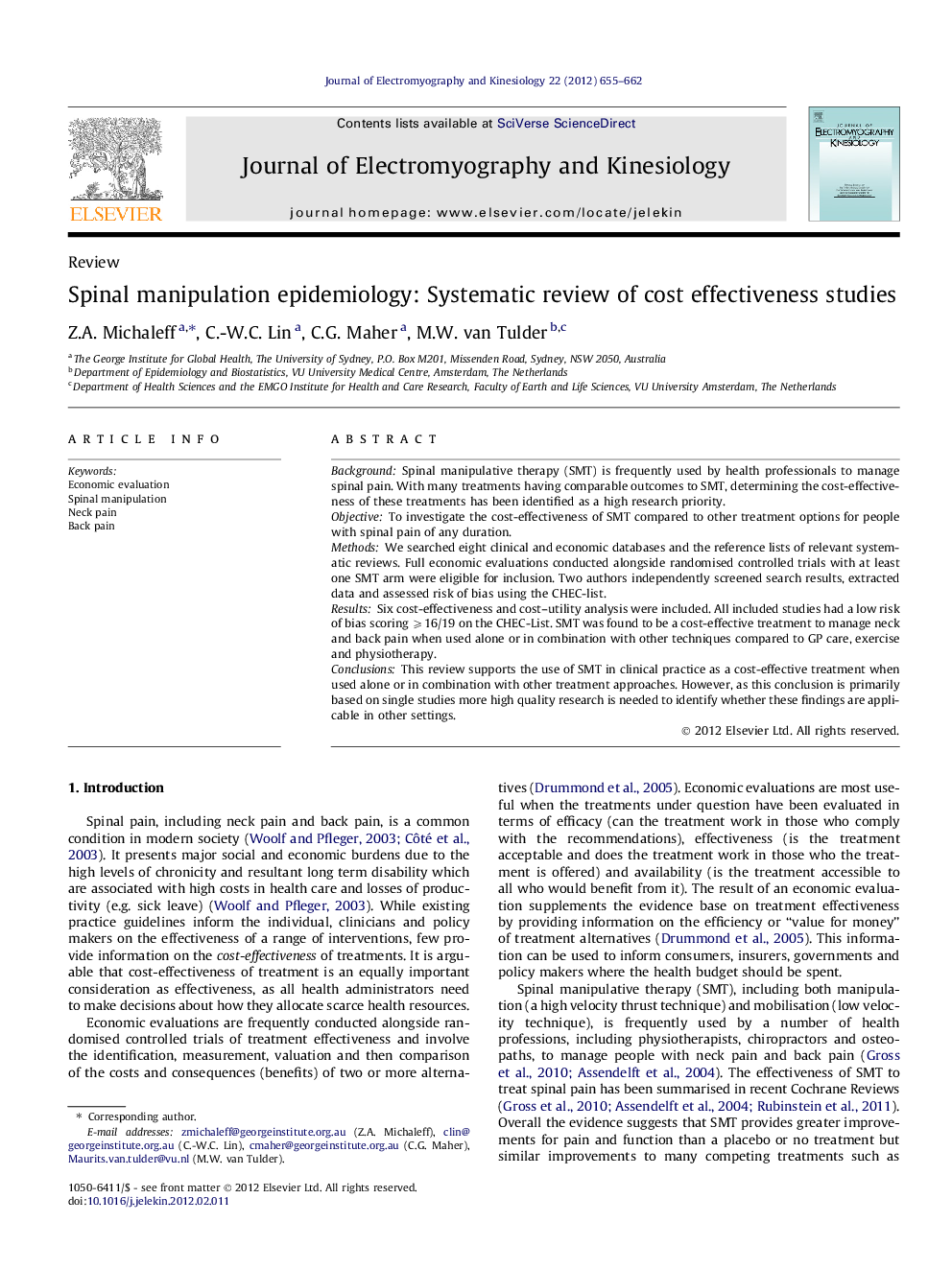 Spinal manipulation epidemiology: Systematic review of cost effectiveness studies